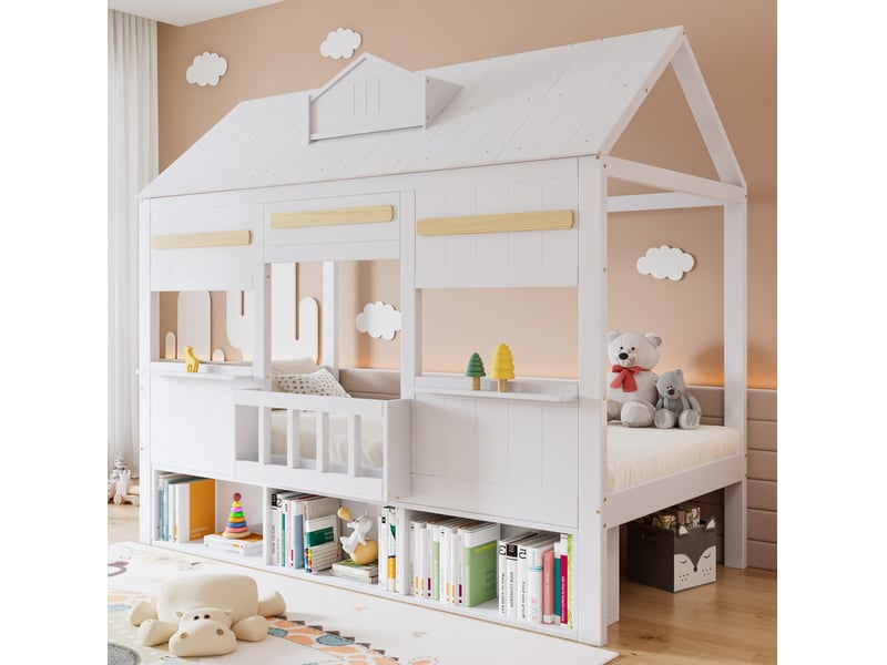  Lit mezzanine enfant blanc avec étagère à livres, 90 x 200 cm  - Conforama C