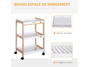 Chariot de service desserte de cuisine à roulettes 2 étagères + plateau amovible bois de pin blanc mdf