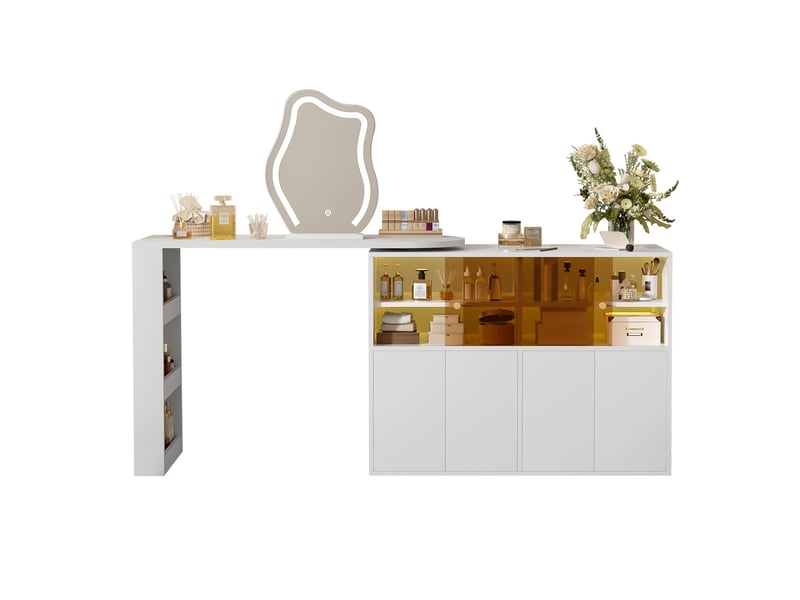  Coiffeuse pivotante 177 cm avec miroir led - bureau modulable en l, grand rangement à étagères et placards éclairés - blanc  - Conforama A