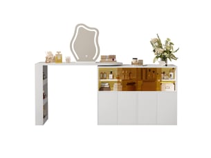 Coiffeuse pivotante 177 cm avec miroir led - bureau modulable en l, grand rangement à étagères et placards éclairés - blanc