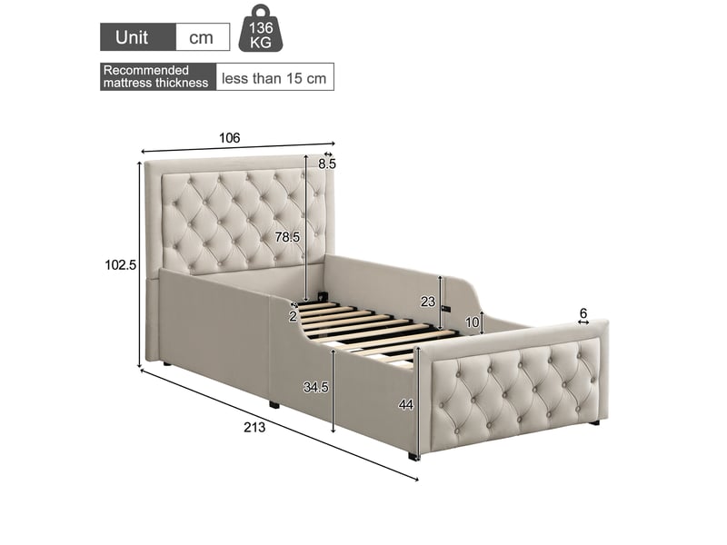  Lit coffre enfant 90 × 200 cm 1 place avec rangement hydraulique, sans matelas, en velours, beige  - Conforama D