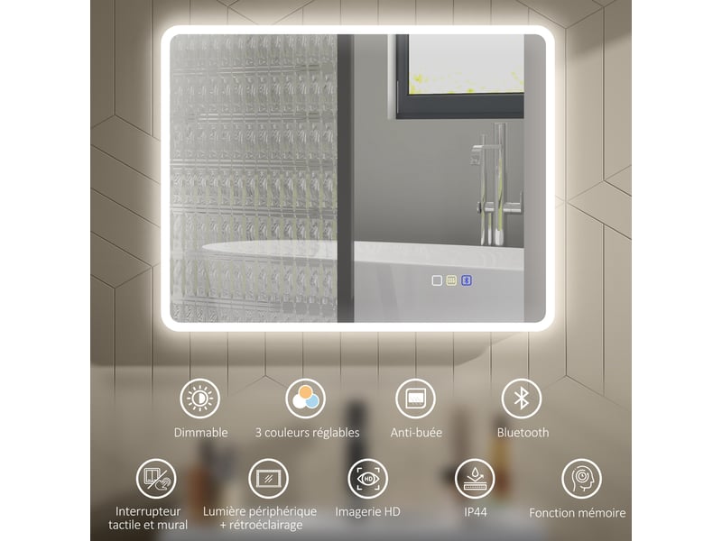  Miroir salle de bain led bluetooth 70 x 90 cm interrupteur tactile lumière réglable 3 couleurs anti-buée mémoire argent  - Conforama D