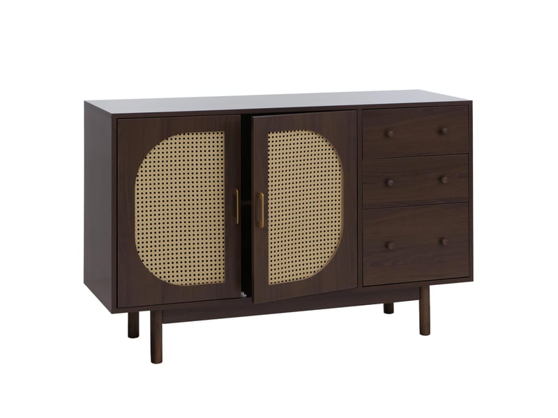 Buffet hwc-p52, armoire, commode, buffet haut, tiroirs, compartiments de rangement, polyrotin, mdf mélaminé, 80 x 120 x 40 cm ~ aspect noyer  - Conforama A
