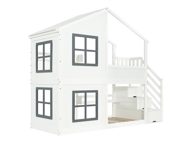  Lit superposé avec escalier rangement et toit, lit enfant 90x200 cm  - Conforama W