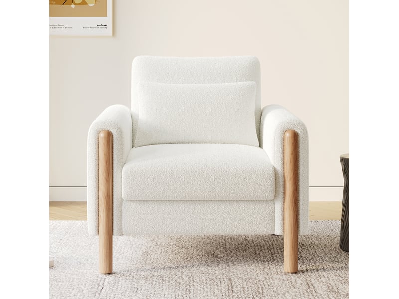 Fauteuil lounge 1 place en tissu bouclette blanc, coussin amovible et assise épaisse pour votre intérieur - Conforama E