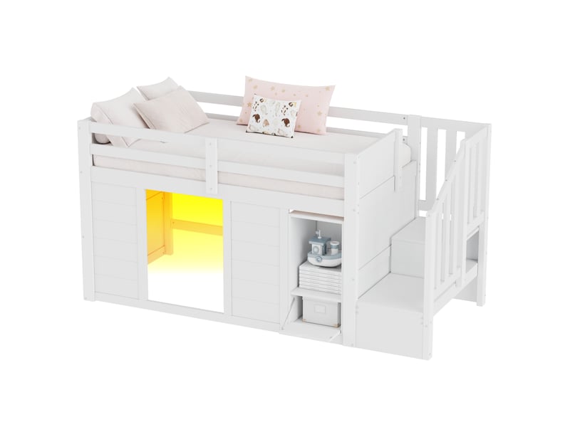 Lit mezzanine 90x200cm pour enfant, escalier avec rangements, bibliothèque intégrée, led multicolore et plusieurs espaces de rangement blanc - Conforama A
