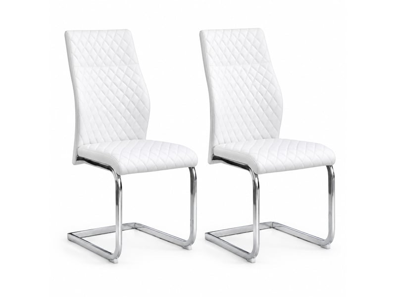  Lot de 2 chaises de salle à manger à dossier haut matelassé  - piètement métal, simili cuir blanc et argent  - Conforama A