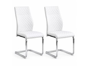 Lot de 2 chaises de salle à manger à dossier haut matelassé  - piètement métal, simili cuir blanc et argent