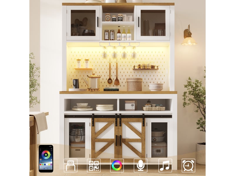 Buffet de cuisine haut avec portes coulissantes et battantes, led et prise usb, en mdf, 120×40×174,5 cm blanc - Conforama C