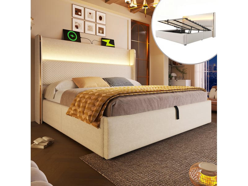 Lit coffre 180x200 cm led avec usb et type-c, tête de lit haute, beige  - Conforama B