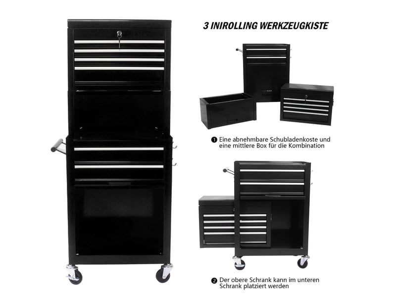  Armoire à outils 60 x 33 x 110 cm noire en acier, 6 tiroirs verrouillables avec roulettes pour atelier  - Conforama D