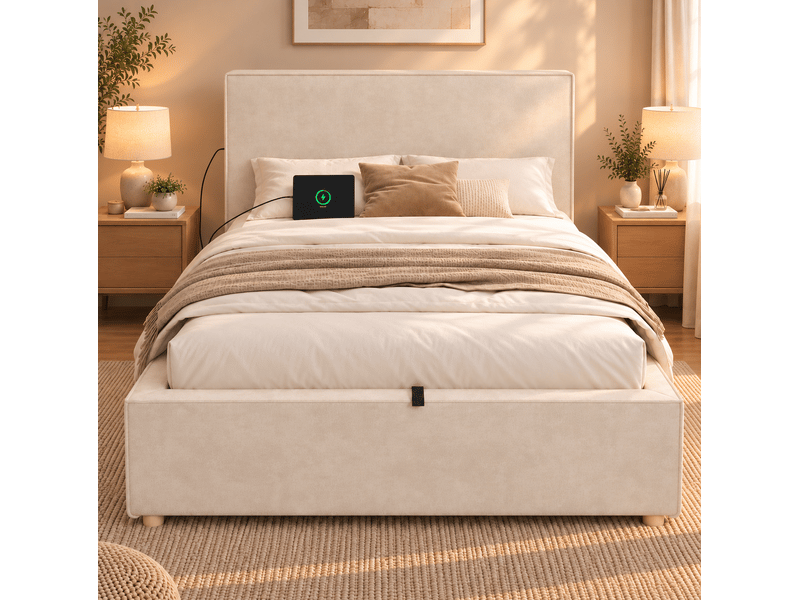  Lit coffre 90x200 cm avec sommier à lattes et ouverture hydraulique, beige, sans matelas  - Conforama B