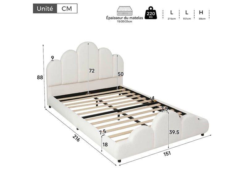  Lit enfant 140x200 capitonné beige tissu bouclette doux - design nuage avec bords arrondis sécurisés  - Conforama C