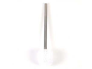 Deux brosses de rechange blanches pour toilettessalle de bainwc, avec têtes de brosse de nettoyage et manches en acier inoxydable.