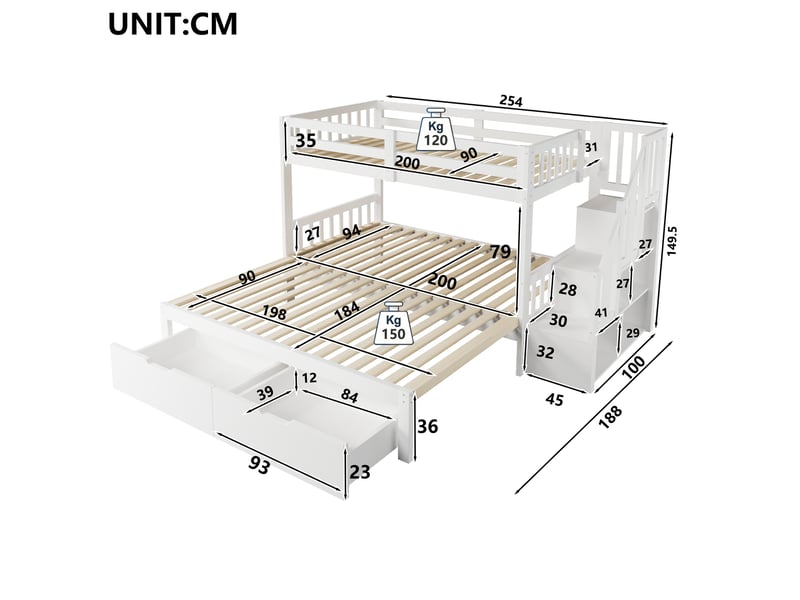  Lit superposé 90 x 200 cm avec lit gigogne transformable en couchage 180 x 200 cm, 2 tiroirs et marches de rangement, échelle modulable, en pin blanc  - Conforama E