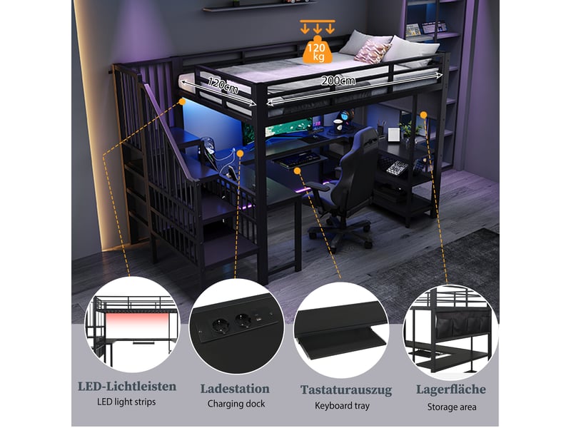  Lit mezzanine gaming 120x200cm avec escalier, bureau en u, tablette clavier, prise eu, étagères et led, métal et bois, noir evarich - Conforama D