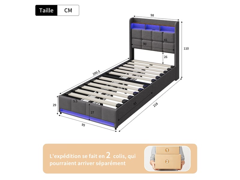  Lit simple coffre 90x200, rangement chevet, 2 tiroirs, éclairage led réglable, ports usb type-c, tissu en lin gris  - Conforama C
