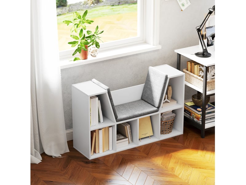  Étagère-banc avec coussin d'assise 105 x 30 x 63 cm – blanc – 6 compartiments de rangement  - Conforama B