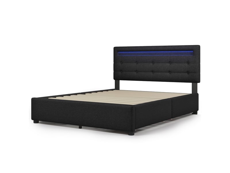  Lit avec têtes de lit led et 4 tiroirs en lin noir 140 x 200 cm  - Conforama A