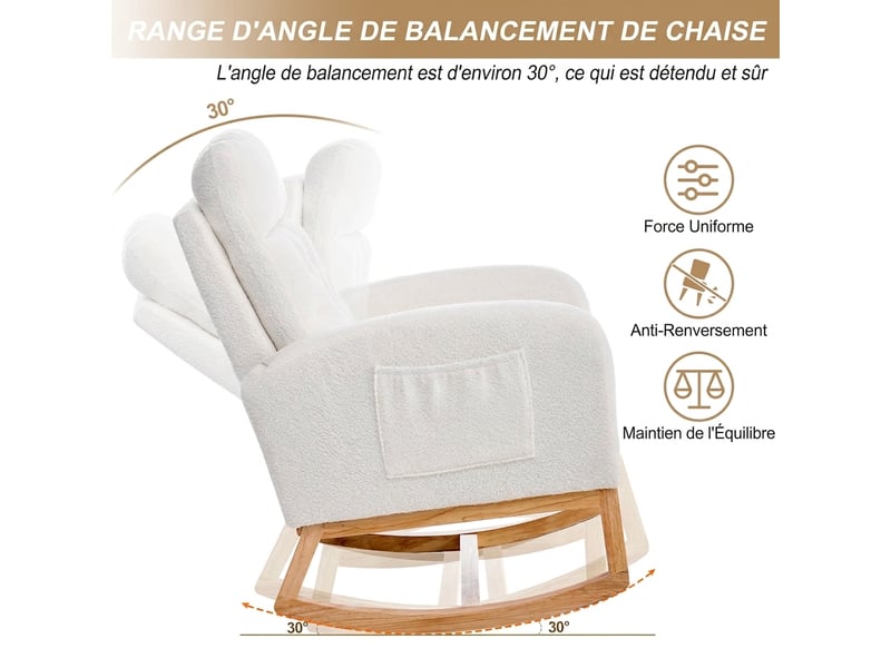  Fauteuil à bascule bouclette relax avec repose-pieds réglable, fauteuil d'allaitement blanc  - Conforama B