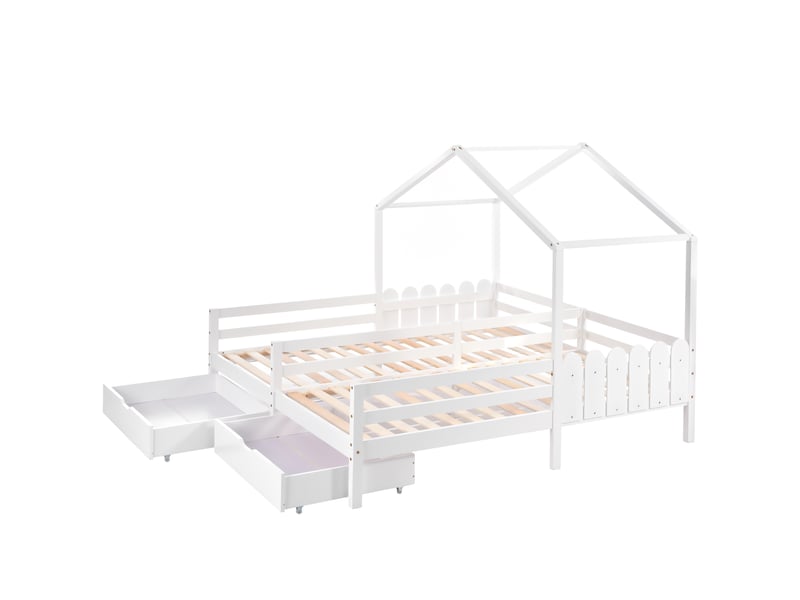  Lit maison double enfant 200x90cm en bois massif blanc avec 2 tiroirs mdf à roulettes et lattes  - Conforama A