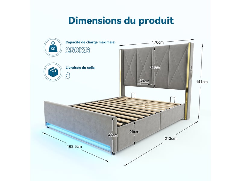  Lit coffre en velours 160 x 200 cm, gris foncé, tête de lit capitonnée, rangement hydraulique, ports usb type-c et led  - Conforama C