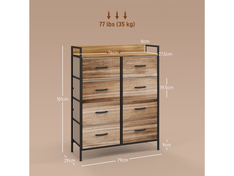  Meuble de rangement commode 8 tiroirs en tissu amovibles, étagère supérieure et cadre acier 79l x 29l x 101h cm  - Conforama C