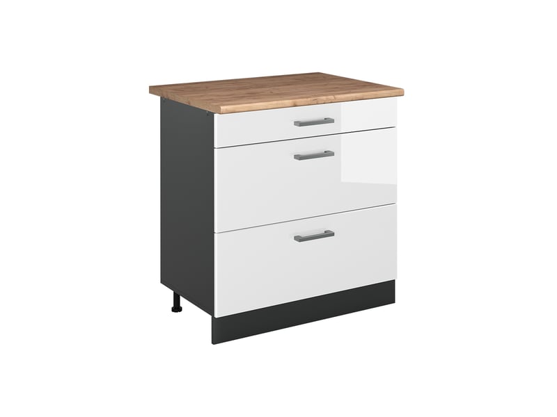 Vicco meuble cuisine, blanc haute brillanceanthracite, 80cm avec 3 tiroirs plan de travail chêne doré - Conforama A