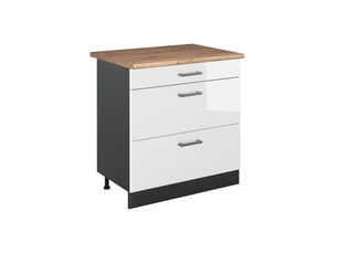 Vicco meuble cuisine, blanc haute brillanceanthracite, 80cm avec 3 tiroirs plan de travail chêne doré
