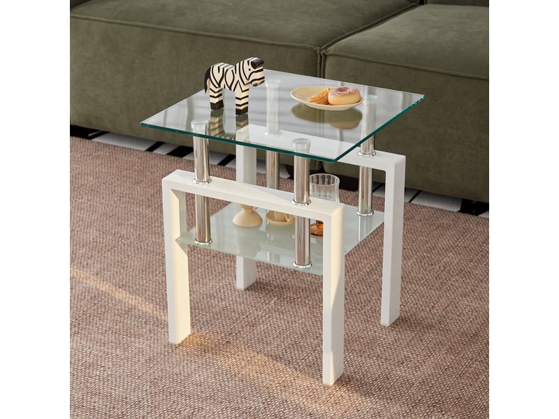  Tables d’appoint à 2 niveaux en verre trempé transparent, lot de 2, blanc, avec rangement  - Conforama E