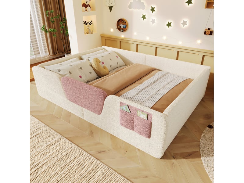  Lit enfant 140x190 cm avec barrières amovibles et poche de rangement mdf beige sans matelas  - Conforama B