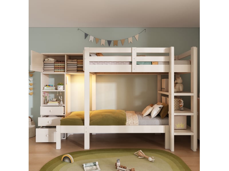  Lit à couchages superposés, 90x200 cm, solution de rangement intégré, matelas non inclus, bois et métal, coloris blanc  - Conforama E