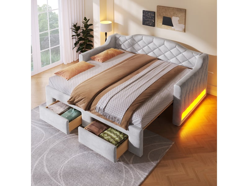 Canapé-lit extensible 90/180x200 cm, 2 tiroirs, led 7 couleurs, velours gris, sans matelas - Conforama R