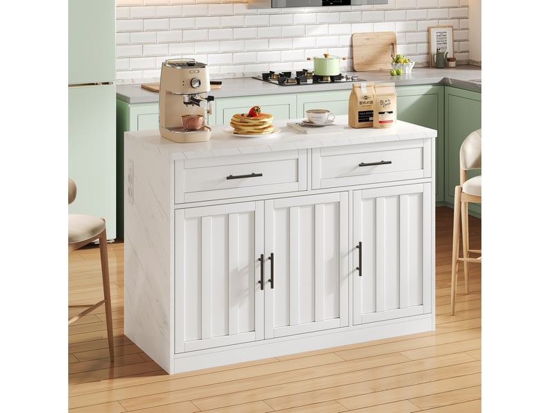 Îlot de cuisine 120x60x91 cm comptoir-bar 20 cm rangements 2 tiroirs 3 portes prises 2 ports usb plan 2,4 cm mdf blanc - Conforama W