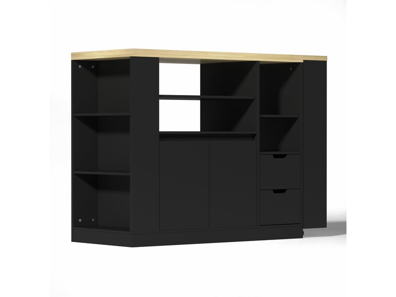  Îlot de cuisine 115 cm plan de travail extensible rangement intégré étagères sur trois côtés deux tiroirs bar à café table à manger extensible structure en bois  - Conforama C