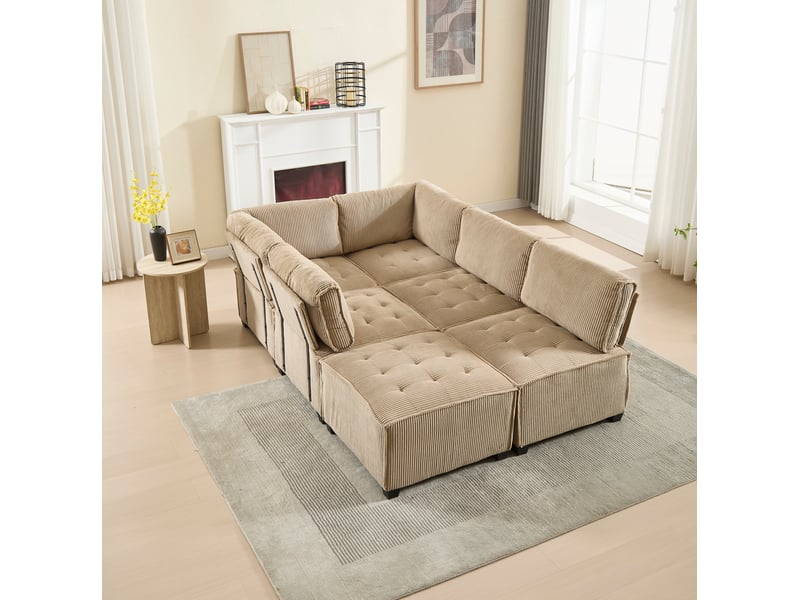  Canapé d'angle modulable 6 places en velours côtelé kaki, configuration u ou l et couchage pour le salon  - Conforama E