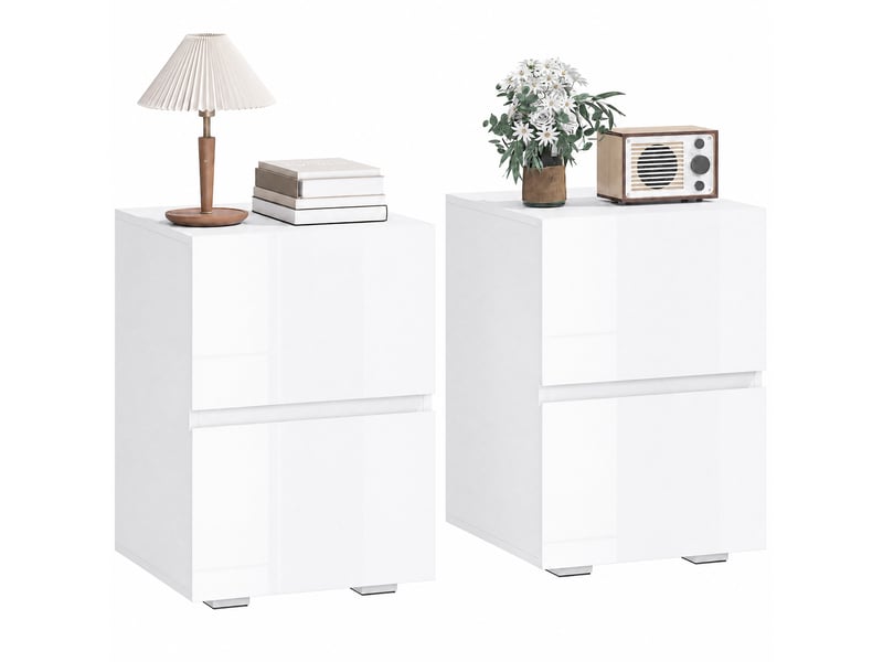  Ensemble de 2 tables de chevet étroites avec 2 tiroirs et façades blanches brillantes  - Conforama B