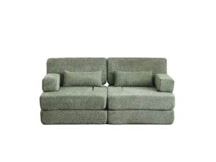Lot de 2 canapés en chenille et fer, 4 modules pliables, dossiers hauts, avec attaches et fonction couchage