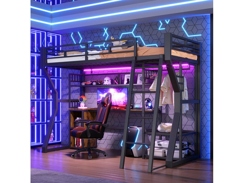  Lit mezzanine 90x200 cm avec éclairage et bureau en métal et mdf noir  - Conforama D