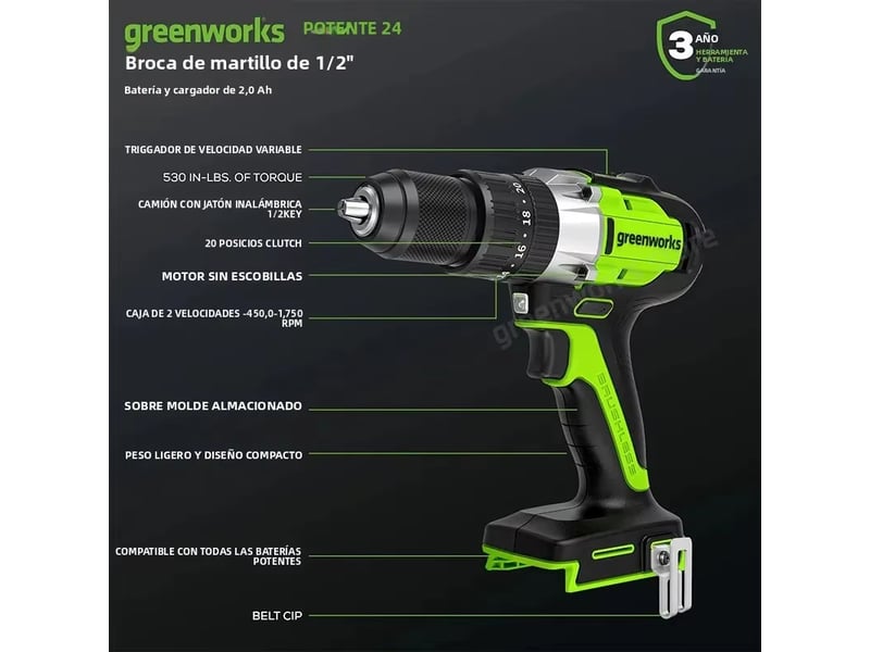  Perceuse à percussion greenworks – 24 v, moteur sans balais, mandrin métallique de 12 pouce, 0-1750 trmin, livrée avec batterie et chargeur rapide.  - Conforama D