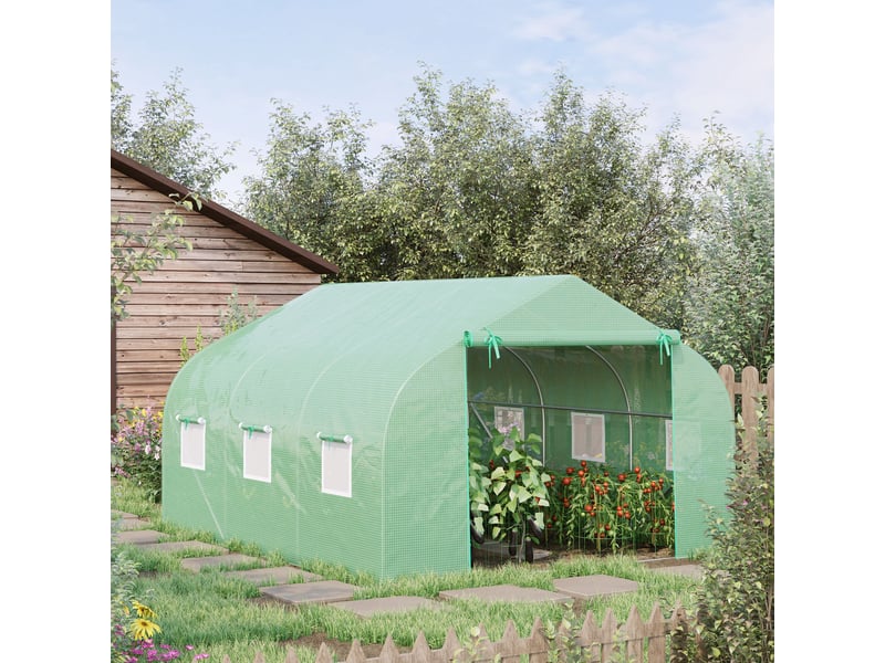  Serre tunnel de jardin 10,5 m² dim. 3,5l x 3l x 2h m porte + 6 fenêtres enroulables acier galvanisé bâche pe haute densité vert  - Conforama C