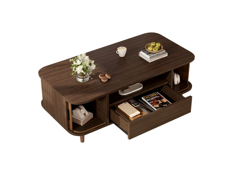  Table basse couleur noyer avec tiroir et deux portes coulissantes, niche ouverte, 100 x 50 x 35 cm  - Conforama A
