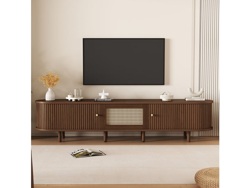  Meuble tv ovale noyer foncé décor imitation rotin en mdf 180 x 40 x 40 cm  - Conforama C
