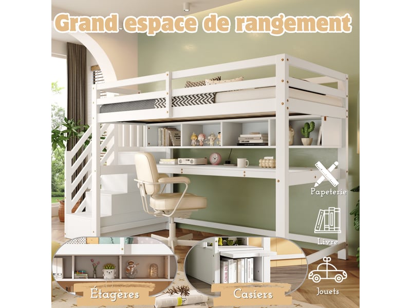  Lit mezzanine 90x200 cm avec escalier à rangements, lit enfant avec grand bureau et étagères, blanc, bois massif + mdf  - Conforama W