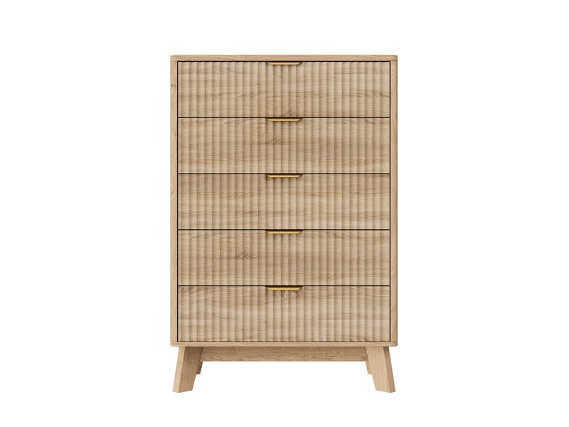 Commode de chambre, 73x40x108 cm, 5 tiroirs de rangement, anti-basculement, en bois, texture côtelée moderne, bois naturel - Conforama D