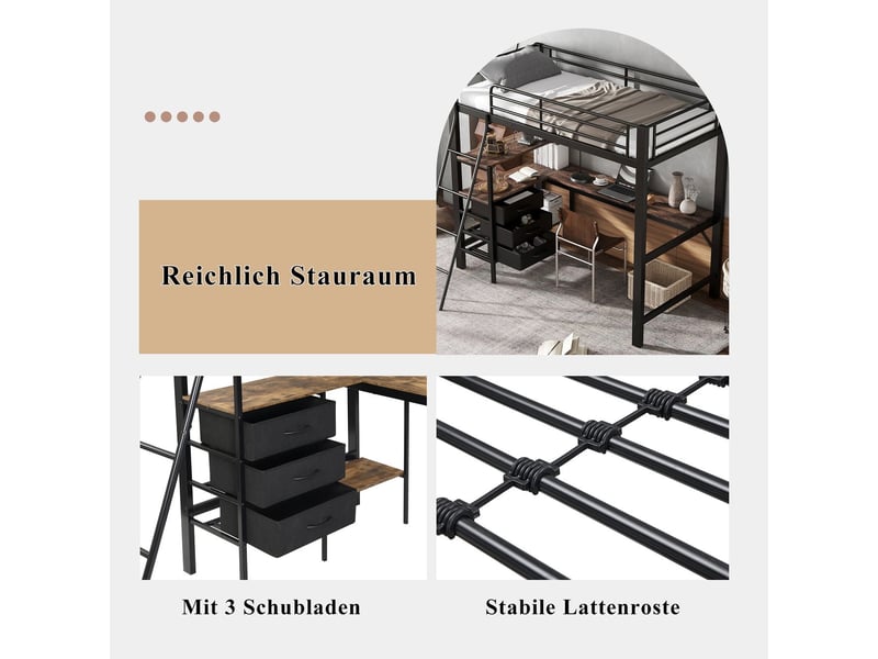 Lit superposé enfant 90x200, échelle sécurisée lit combine enfant, structure métal robuste, tiroirs coulissants, bureau 2 mètres - Conforama E