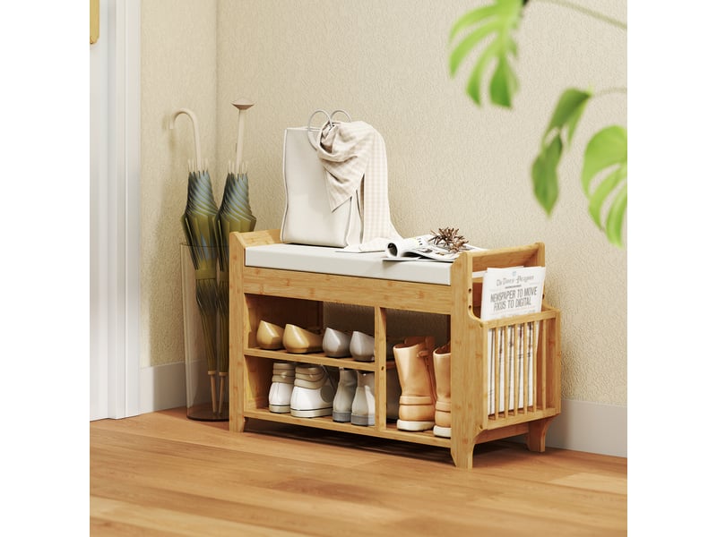  Banc à chaussures avec assise rembourrée, rangement latéral, porte-bottes, structure en bambou, 80 x 30 x 50 cm, naturel  - Conforama D