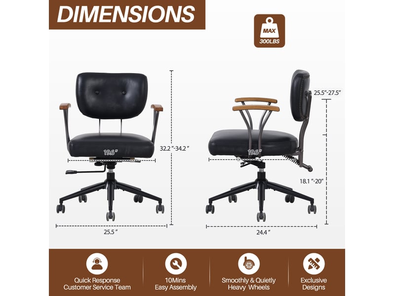 Chaise de bureau en cuir noir avec accoudoirs en chêne, réglable en hauteur, pivotante et à roulettes  - Conforama C