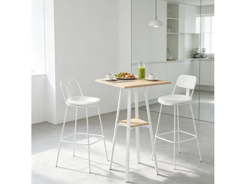  Table haute carrée 55 x 55 cm en bois clair et métal blanc, avec étagère basse pour 2 personnes à la maison  - Conforama E
