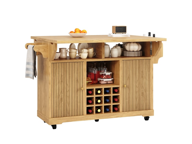 Desserte de cuisine mobile avec étagères réglables et porte-bouteilles pour salle à manger en mdf bois naturel - Conforama A
